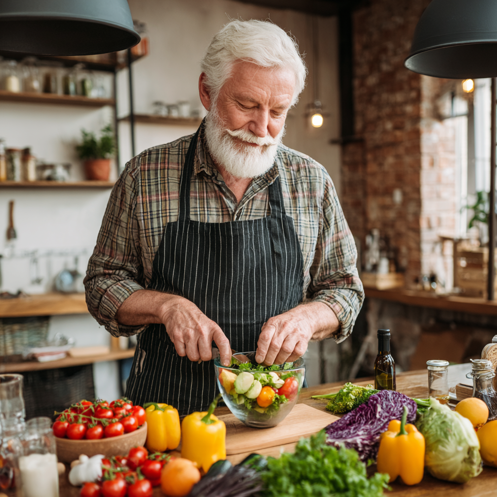 Happy elderly European couple preparing healthy meal together in modern kitchen
