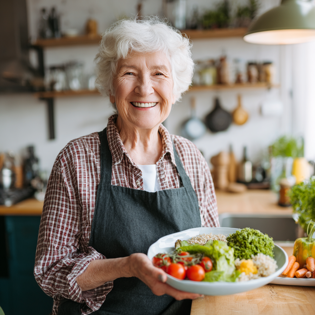 Elderly European nutritionist explaining healthy eating principles with colorful vegetables and charts