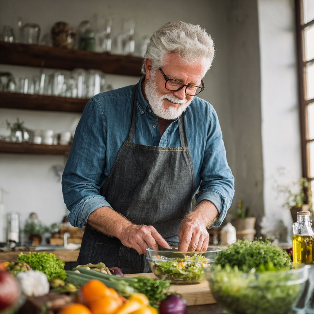 Happy elderly European woman measuring fresh vegetables in modern kitchen with healthy cooking ingredients